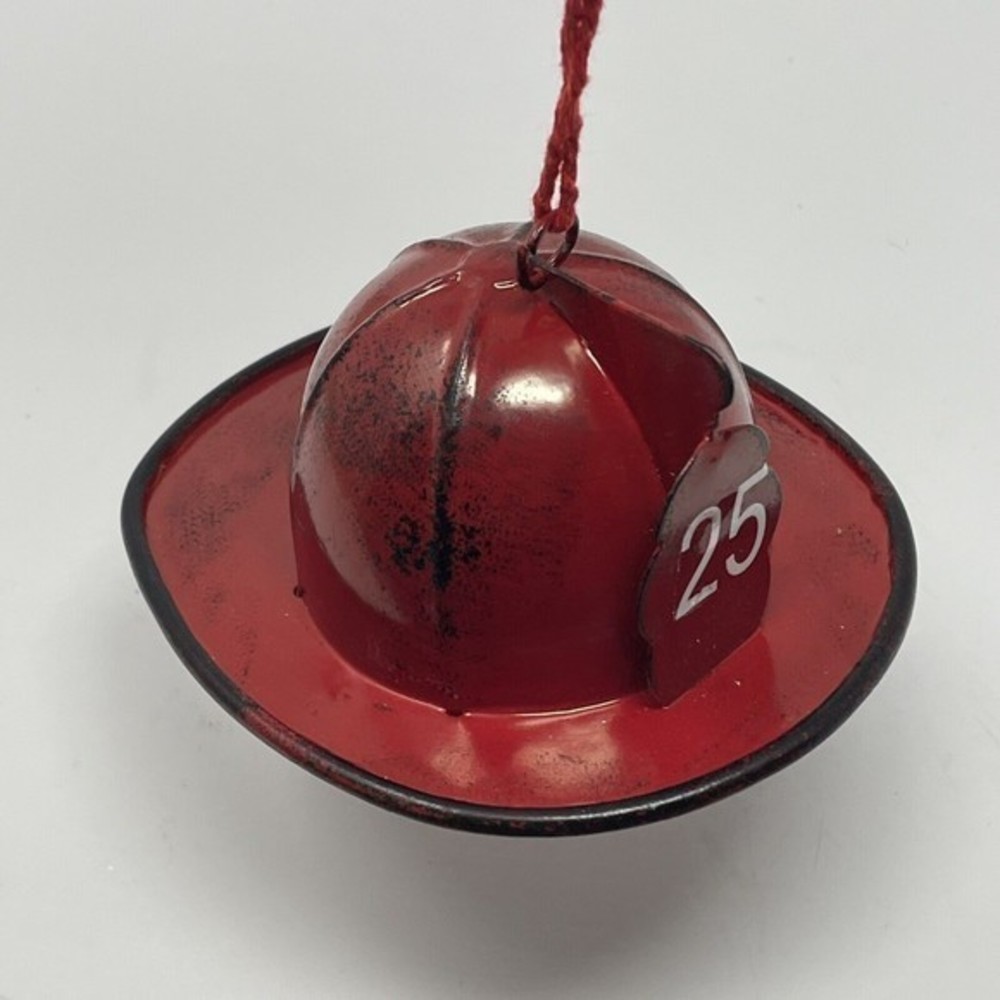 New Fireman Fire Hat CHRISTMAS Tree ORNAMENT Red Metal 4.5” Rescue Firewoman - Picture 8 of 10